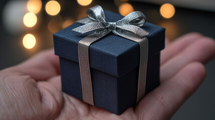 男性が手のひらで紺色の小箱を差し出す