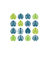 Obraz premium A Decorative Grid of Stylized Tropical Monstera Leaves in Various Shades of Green and Blue