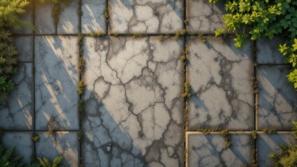 Weathered Stone Pavement with Green Grass and Shadows under Soft Sunlight in Urban Setting