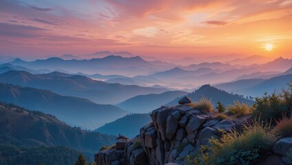 Breathtaking Sunset Over Layered Mountain Ranges with Vibrant Colors and Tranquil Atmosphere