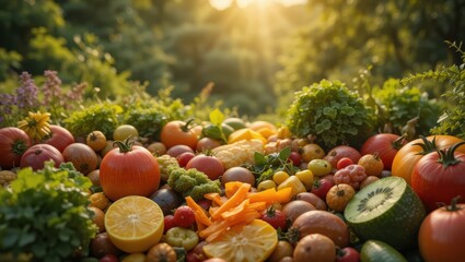 Assortment of Fresh Organic Fruits and Vegetables Gathered in a Sunlit Garden at Sunset