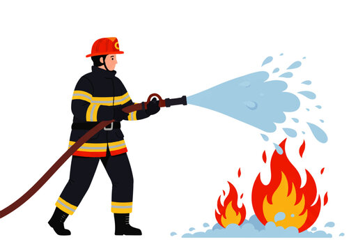 A firefighter wearing protective gear is spraying water from a hose to extinguish a fire.