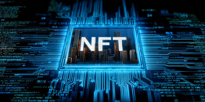 Nft embedded in glowing circuit board with futuristic interface