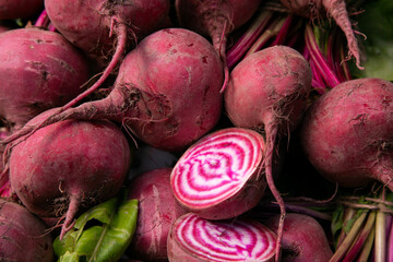 Organic colored golden beets at Torvehallerne market in Copenhagen, Denmark.