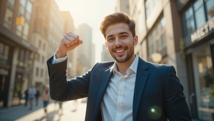 Young Man Smiling and Celebrating Success in a Bustling Urban Environment at Sunset