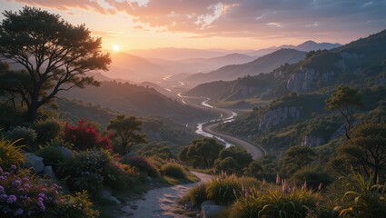 Breathtaking Sunset Over a Serene Valley with Flowers and a Winding River in a Lush Landscape