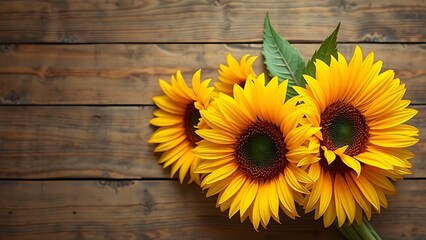 Sunflower arrangement on a rustic wooden surface with warm yellow tones.