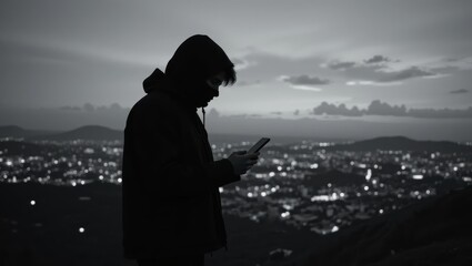 Silhouette of a Person Using a Smartphone Overlooking a Cityscape at Night