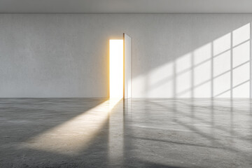 Open doorway with glowing light shining into empty modern room, casting long shadows on polished concrete floor, minimalistic interior, hope and opportunity concept