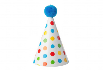 Polka dot party hat with blue pompom isolated on a transparent background