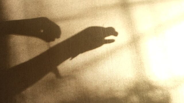 Blurred shadow of child hands on wall. Child playing with Christmas decorations, Christmas tree and deer toys. Playing with light and shadow. Atmospheric mood. Waiting holidays