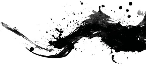 Abstract black ink splash and splatter with dynamic motion isolated on white background
