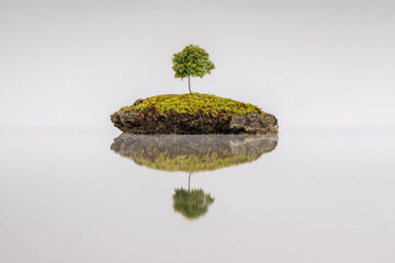 Tiny island single tree floating white background reflection minimal nature tranquility isolated peaceful. small green island with one tree floats above white reflective surface creating calm