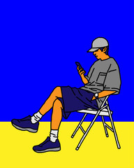 Line drawing of a young man sitting and looking at a mobile phone screen. Illustration graphic design.