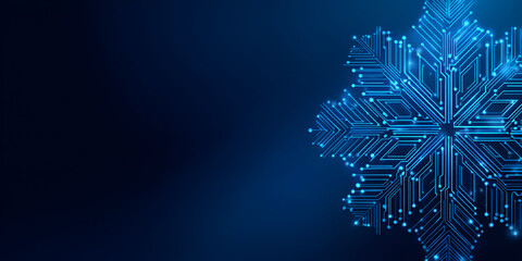 Glowing blue digital snowflake made of circuit lines
