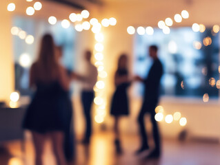 blurred image of lively office party with people socializing and enjoying festive , illuminated by string lights
