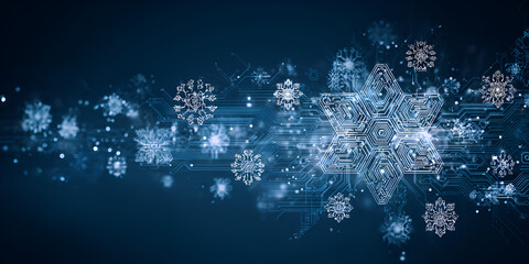 Digital snowflakes and circuit particles on blue background
