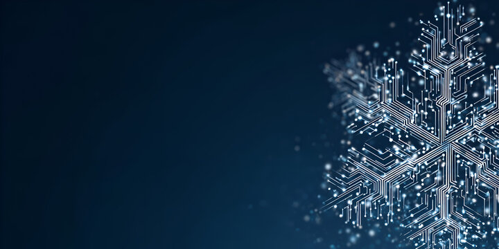 Close-up of digital circuit snowflake on dark blue background
