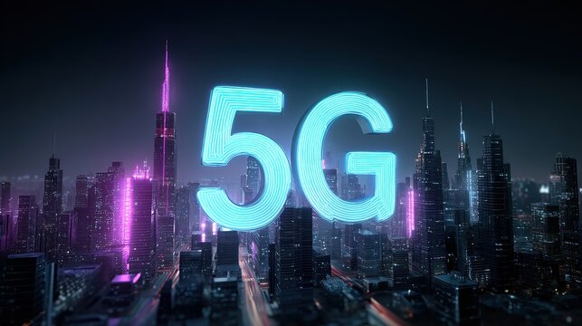 5G Technology, illuminated neon sign dominating futuristic cityscape with blue and purple lights, urban mobility and data flow concept, advanced network infrastructure visualization for tech presenta