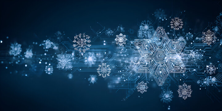 Digital snowflakes and circuit particles on blue background
