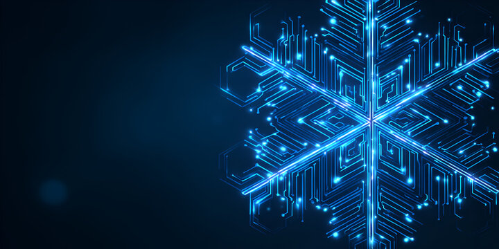 Blue digital circuit snowflake glowing on dark background
 - Powered by Adobe