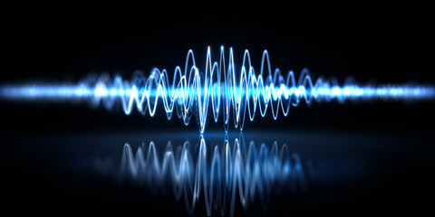 Blue glowing soundwave with reflection on black background
