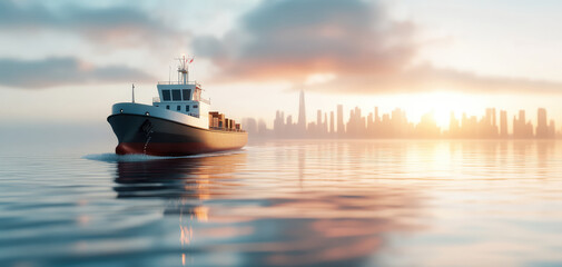 cargo ship sails smoothly across calm waters, with city skyline illuminated by beautiful sunrise in background. scene evokes sense of adventure and exploration