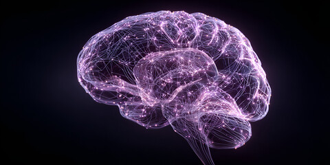 Glowing neural brain network visualization with pink digital connections
