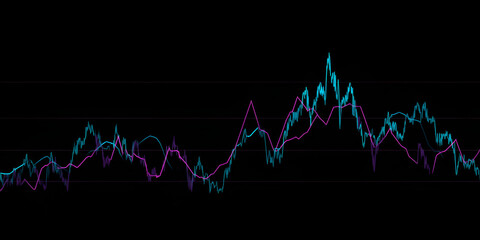 Digital data chart with blue and purple financial trend lines on black background
