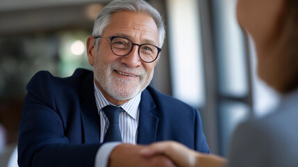 Smiling businessman in professional eyeglasses warmly shaking hands with female partner after sealing successful business deal in meeting room | business handshake deal closing