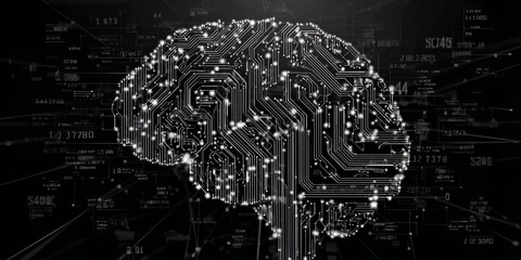 Artificial intelligence brain with integrated electronic circuits on black background
