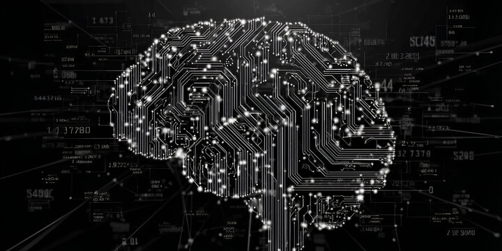 Artificial intelligence brain with integrated electronic circuits on black background
- Powered by Adobe