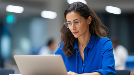 Confident female professional thoroughly analyzing detailed report on laptop while working productively with colleagues in spacious meeting room | report analysis business meeting