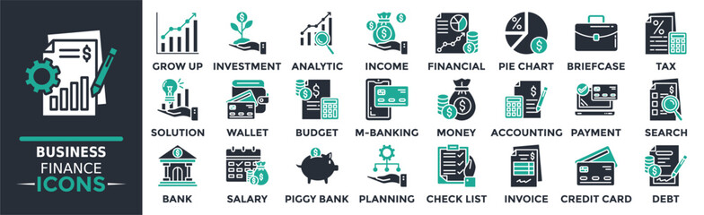 Business and finance icon collection set. Containing solution, wallet, budget, money, m-banking, investment, grow up and more. Solid vector icons collection