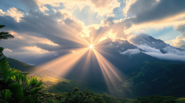 Breathtaking sunbeams illuminate majestic mountains, creating stunning landscape filled with lush greenery and dramatic clouds. Nature beauty is on full display