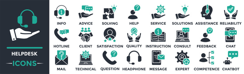 Helpdesk icon collection set. Containing information, advice, solving, help, service, solutions, assistance and more. Solid vector icons collection