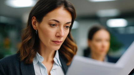 Serious businesswoman holding documents intensely discussing business strategies and innovative ideas with female coworker in professional office | strategic discussion business