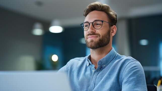 Happy young businessman in modern eyeglasses looking thoughtfully away while working efficiently on laptop at organized desk in contemporary office | young professional office