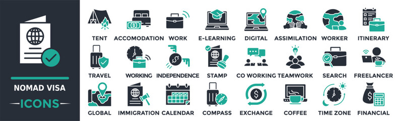 Nomad Visa icon collection set. Containing immigration, calendar, compass, exchange, coffee, time zone, financial and more. Solid vector icons collection