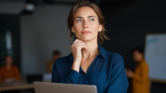 Pensive businesswoman with laptop standing by wall with colleagues collaborating in background in office meeting | contemplative professional laptop holding office background