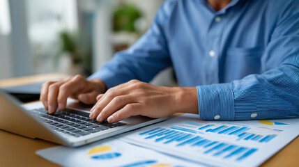 Serious businessman working on laptop planning strategy while sitting at organized office desk | strategic planning laptop work business focus office desk professional