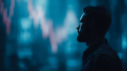 A thoughtful man s profile is silhouetted against a digital display showing a declining market graph representing financial analysis