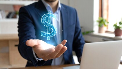 Business professional holding a holographic dollar sign floating in his palm
