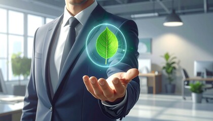 The businessman presents a hologram of a glowing green leaf above his hand.