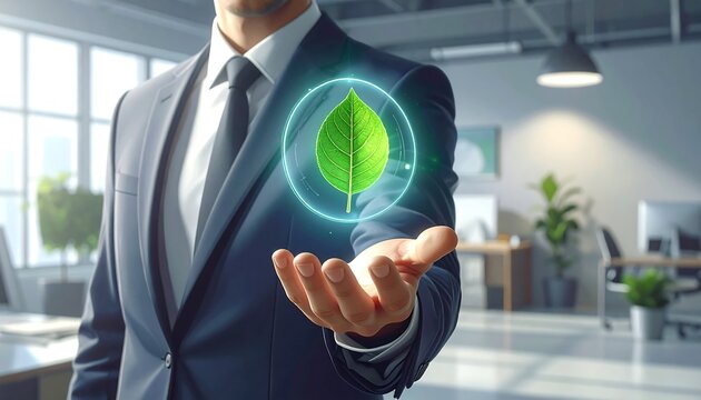 The businessman presents a hologram of a glowing green leaf above his hand.