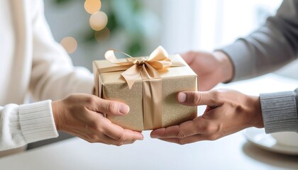 Hands exchanging golden gift boxes during season celebration