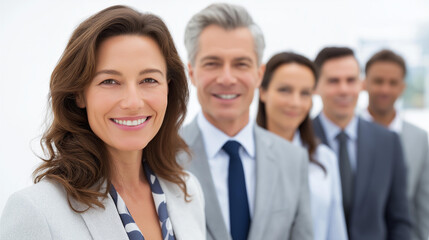 Obraz premium Portrait of successful professional leaders standing confidently in organized row and posing together against clean white background | leadership team business professionals exec