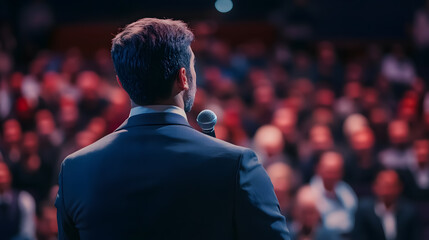 A speaker gives a talk in a conference hall during a business event, as an unrecognizable audience listens in the background, representing the business and entrepreneurship sector.