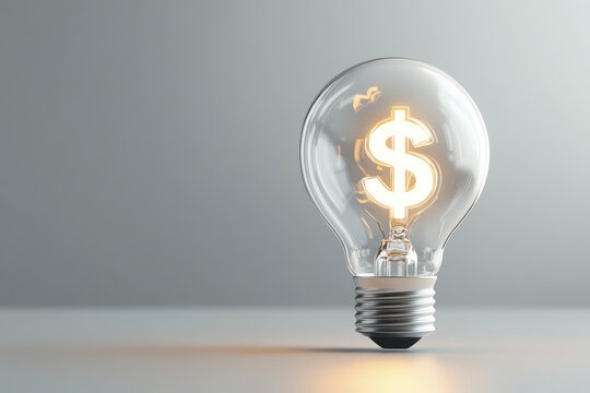 lightbulb with glowing dollar sign inside, symbolizing financial ideas and innovation. design is sleek and modern, set against neutral background