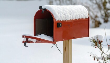 A red mailbox covered in snow decorated with winter berries in a serene snowy landscape.